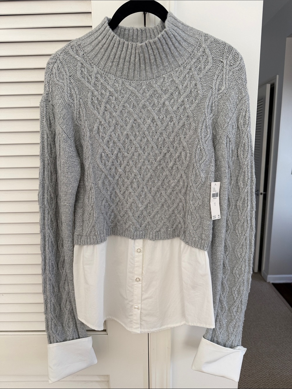 Maeve Gray Cropped Cable-Knit Sweater with Attached White Shirt Hem